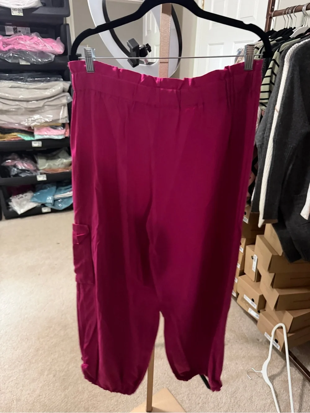 Magenta Drawstring Cargo Crop Pants